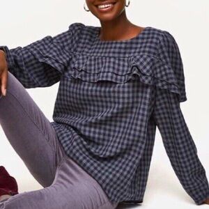Loft Women’s Black Gingham Brushed Cotton Ruffle Blouse Top Large